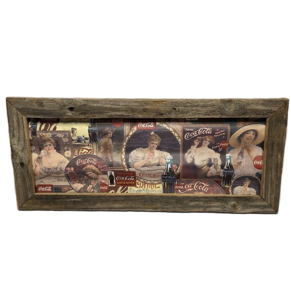 Vintage Coca-Cola Tin Sign Wooden Barn Wood Frame Advertisement Wall Decor OOAK